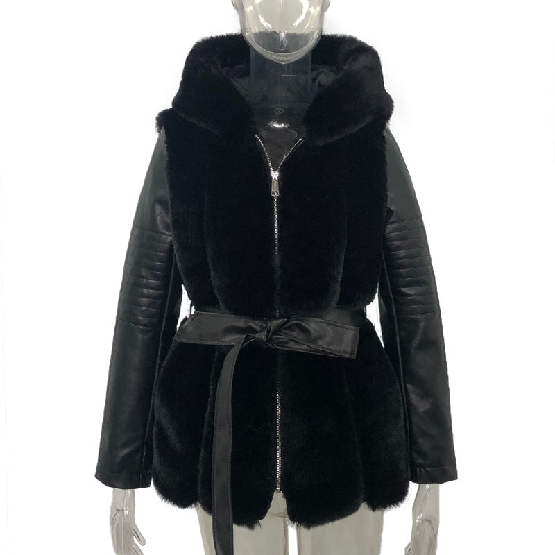 Kvinnors Jacka med Huva och Pälsbälte Högkvalitativ Polyester 4