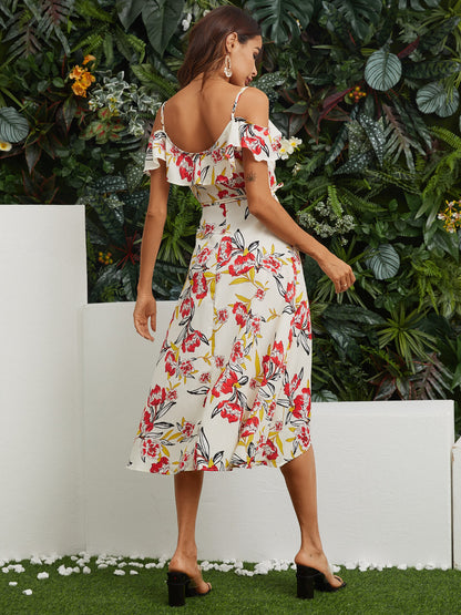 Kvinnors Midi Klänning Blommigt Polyester Utan Axlar-4