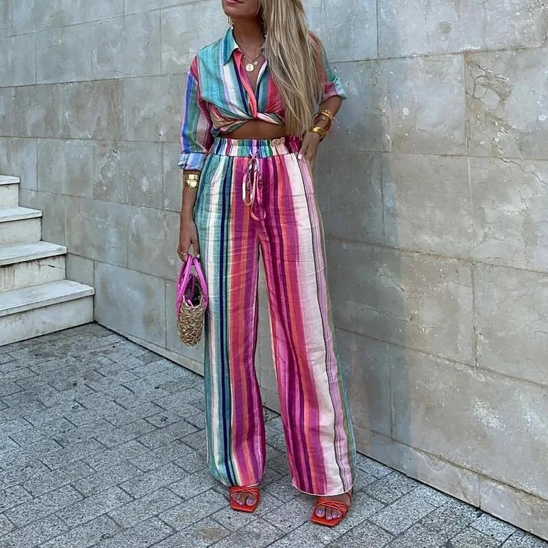 Dam Uppsättning Randig Topp och Byxor Mjuk Tygblandning-5