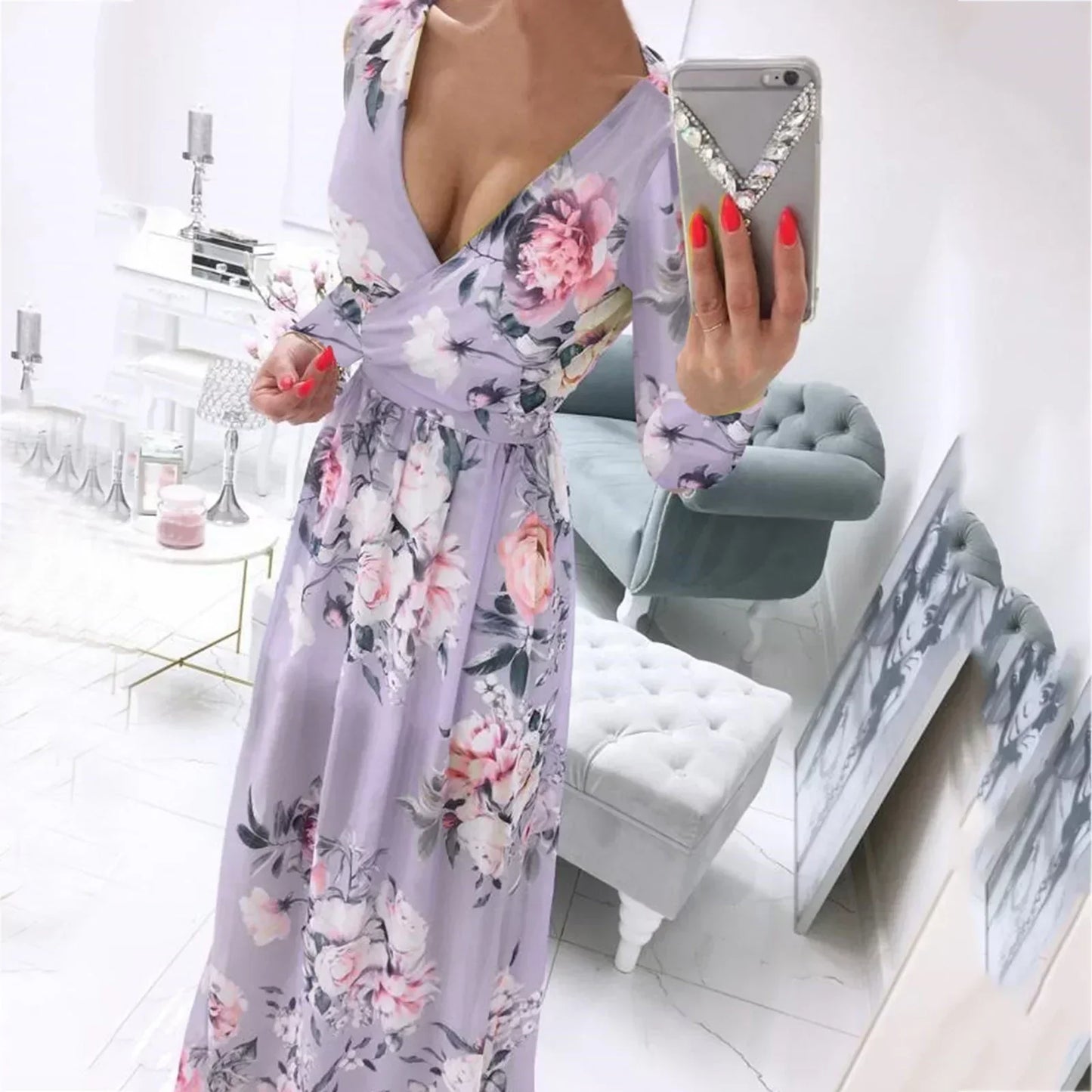 Dam Klänning Lång Ärmar Lätt Polyester Flödande Stil-5