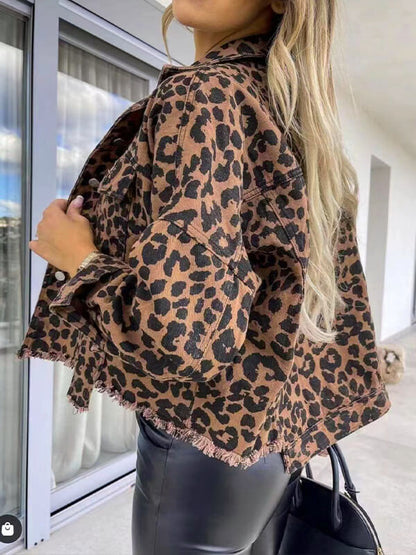 Dam Denimjacka Leopardmönster Långa Ärmar Denim-2