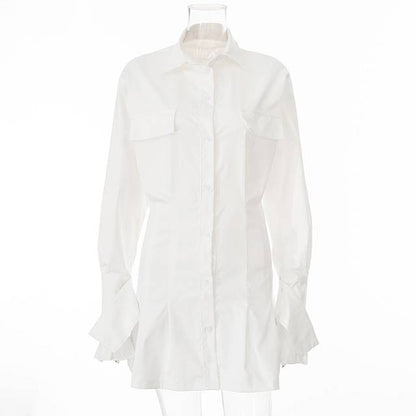 Mini Klänning för Kvinnor med Klockärmar och Vänd Krage – Polyester Spandex, Lårkort, Elegant och Bekväm 5