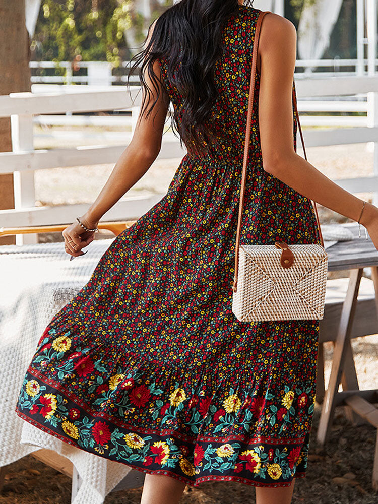 Dam Midiklänning Blommig V-Utringning Bomull och Viskos-2