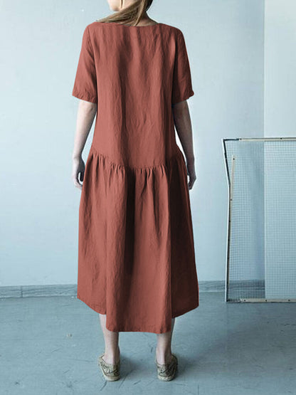 Kvinnors Midi Klänning Rund Hals Bomull 100%-2