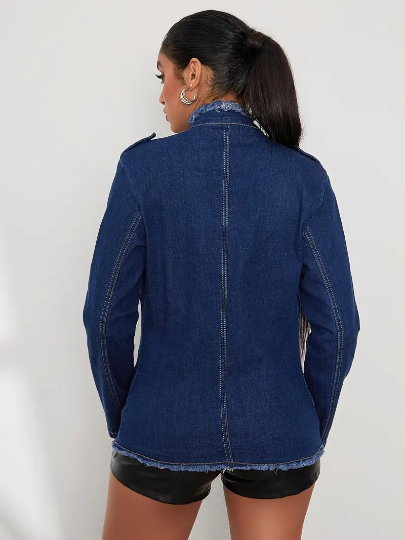Dam Långärmad Denimjacka Klassisk Design Högkvalitativ Denim-3