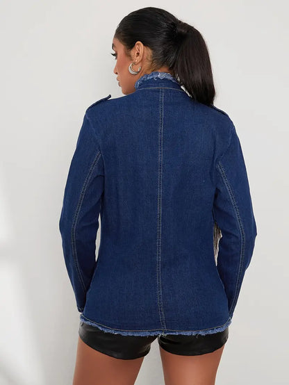Dam Långärmad Denimjacka Klassisk Design Högkvalitativ Denim-3