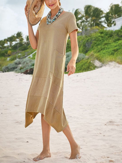 Damklänning Midi Asymmetrisk Design Bomull Polyester Kortärmad med Fickor-3