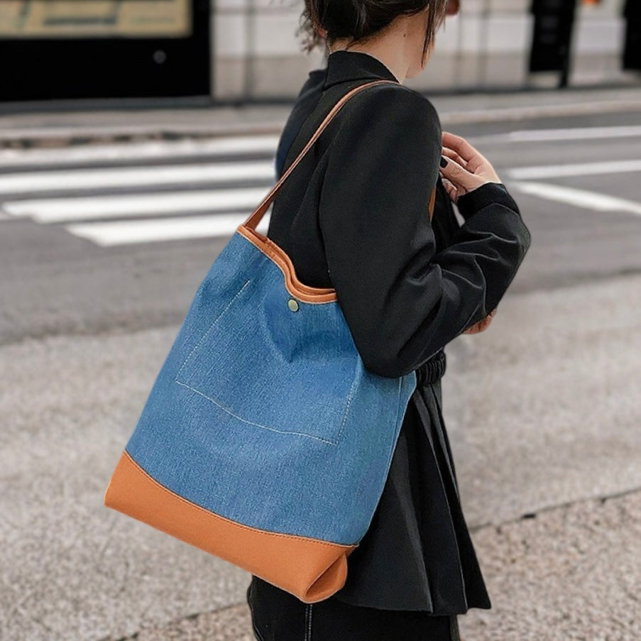 Handväska Dam i Denim med Lapptäckesdesign och Syntetiskt Läder-3