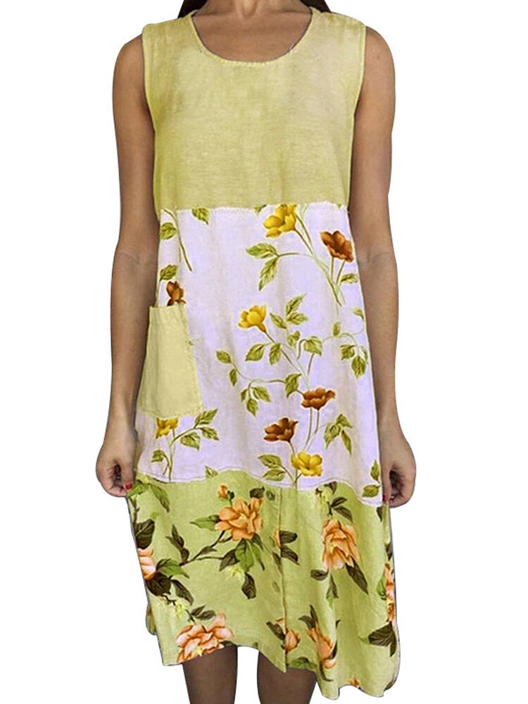 Dam Midi Klänning Blommönster Rund Halsringning Mjuk Bomull-2