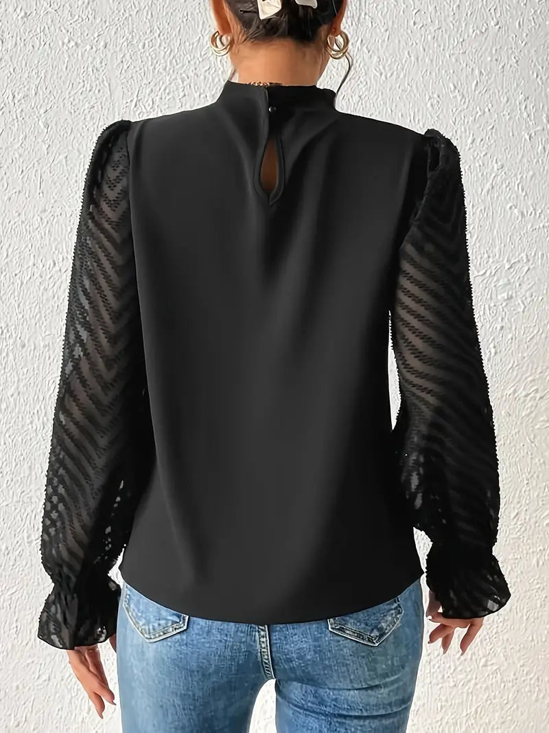 Dam Blus med Nätverksärmar och Veckad Design i Högkvalitativt Tyg-5