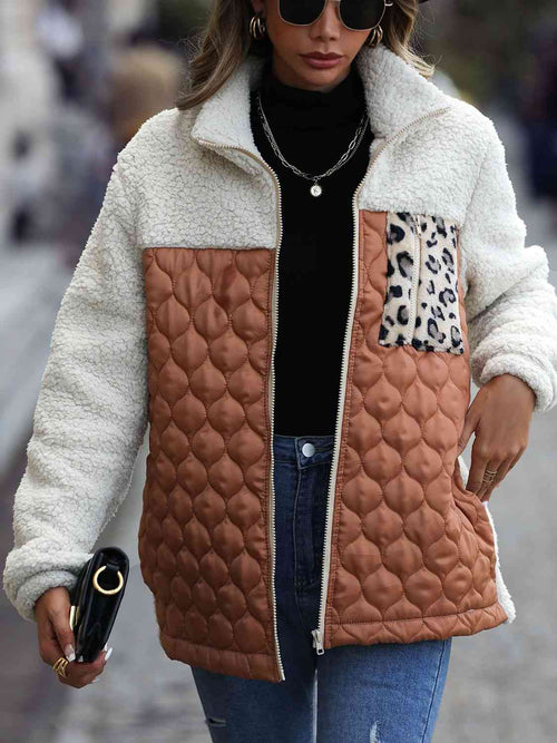 Vårjacka Dam Färgblock Leopardmönster Polyester Zip Jacka-1