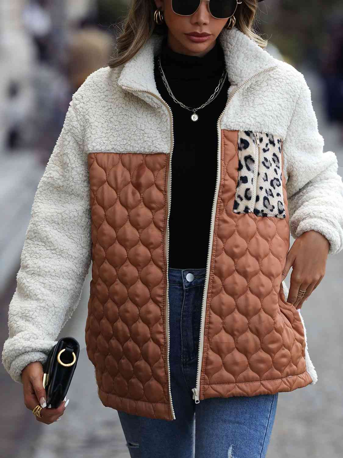 Variant image for Vårjacka Dam Färgblock Leopardmönster Polyester Zip Jacka-1