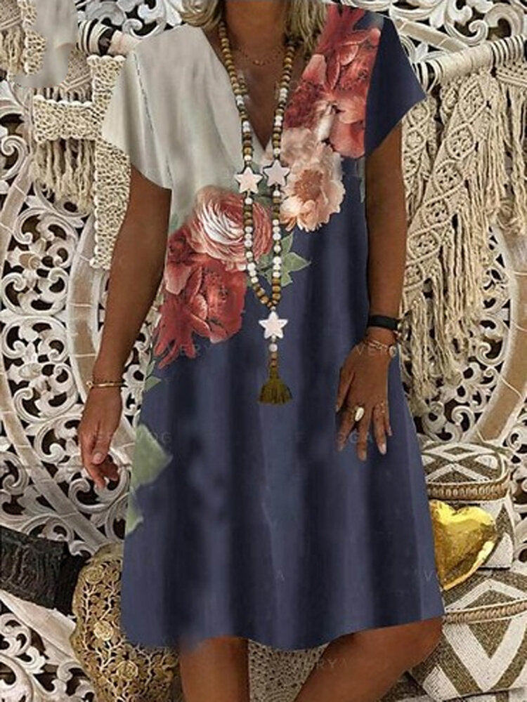 Kvinnors Mini Klänning V-ringning Blommönster Polyester 6