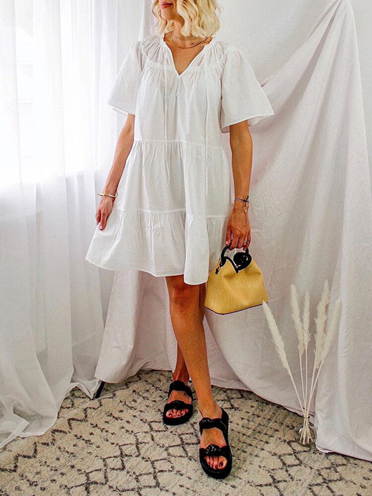 Damklänning Midi V-ringning Kort Ärmar Bomullsblandning-4