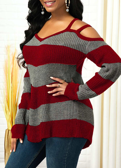 Stickad Dam Tröja Kall Axel Färgblockdesign Mjukt Material-6