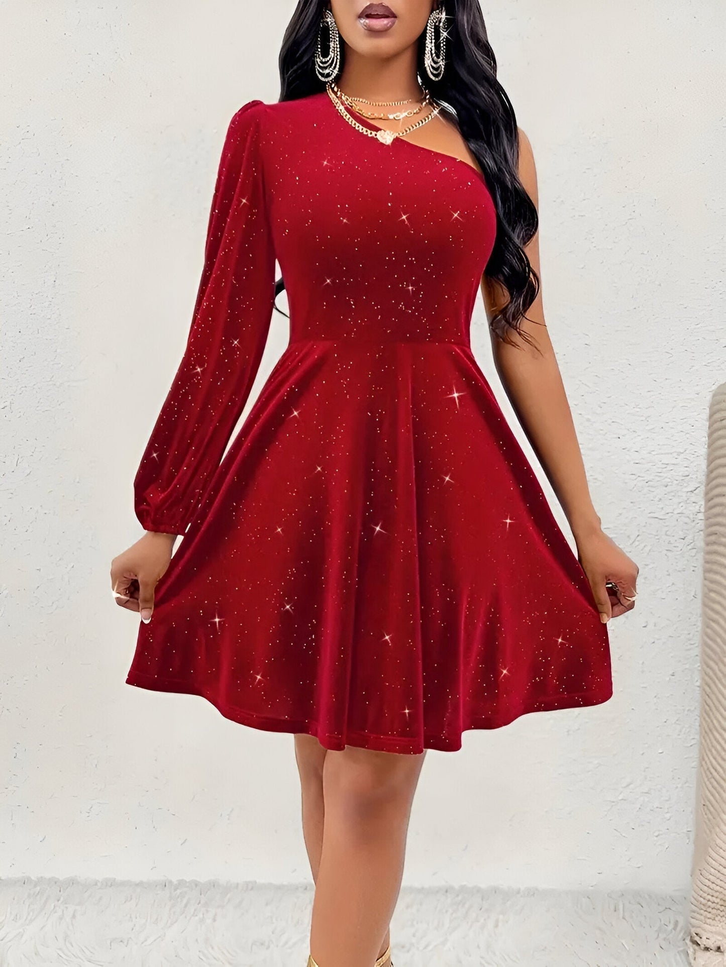 Variant image for Dam Skjorta Klänning En Axel Lätt Material - Sommarklänning för Fest och Bröllop-1