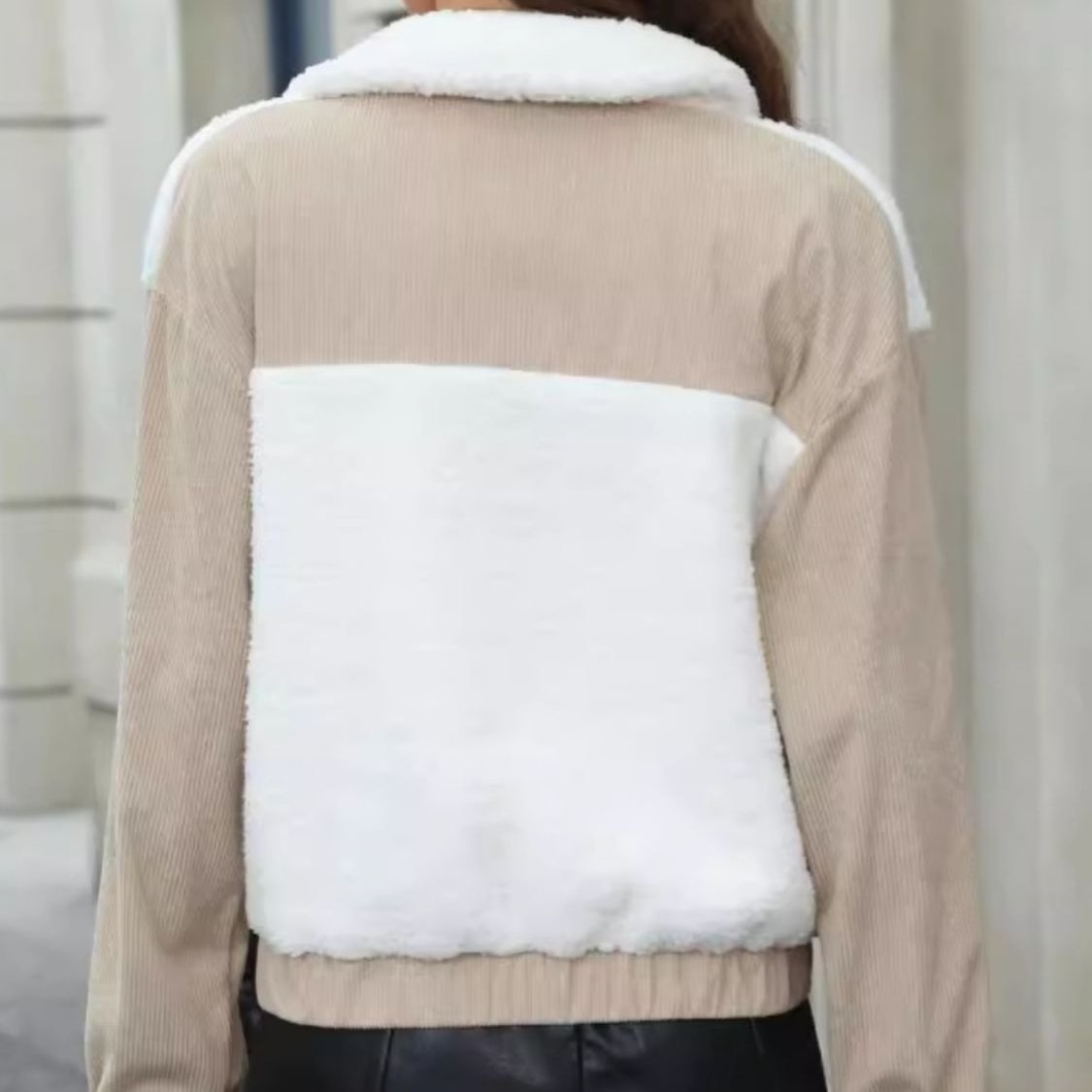 Damjacka Casual Kontrastdesign Lätt Tyg Beige Vit-2