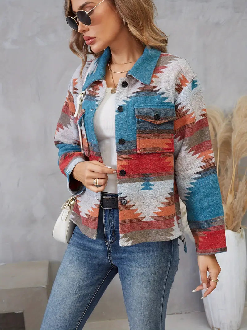 Dam Bomullsjacka Retro Aztec Mönster Bred Passform-2