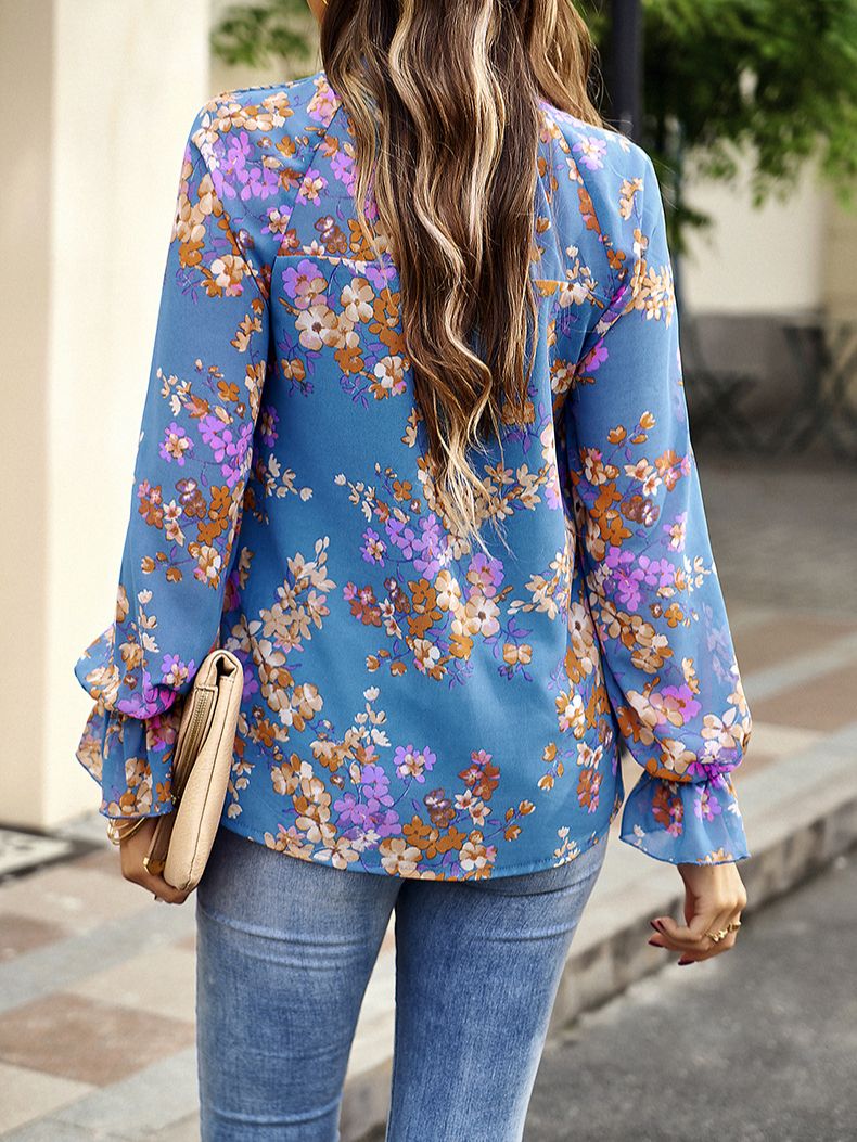 Dam Blus Långärmad Blommönster Rayon Avslappnad Snitt 4