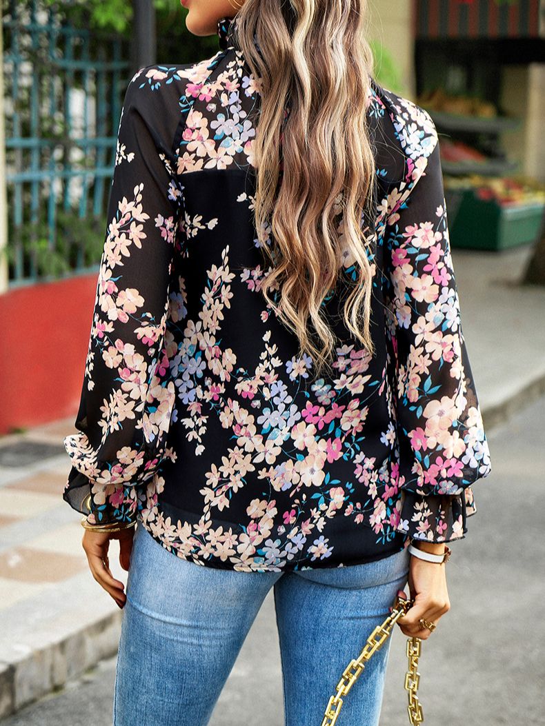 Dam Blus Långärmad Blommönster Rayon Avslappnad Snitt 6