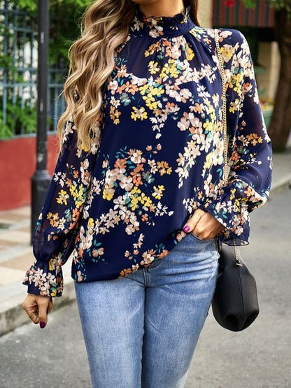 Dam Blus Långärmad Blommönster Rayon Avslappnad Snitt 8