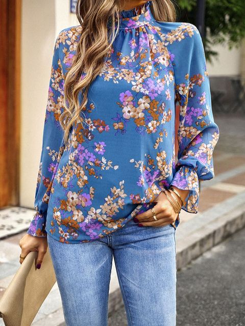 Dam Blus Långärmad Blommönster Rayon Avslappnad Snitt 10