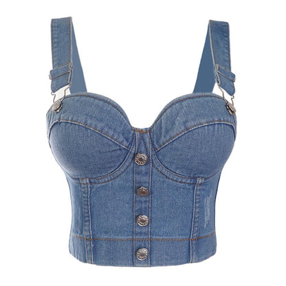 Kvinnors Kort Topp Camisole Denim Polyester med Bröstrem 7