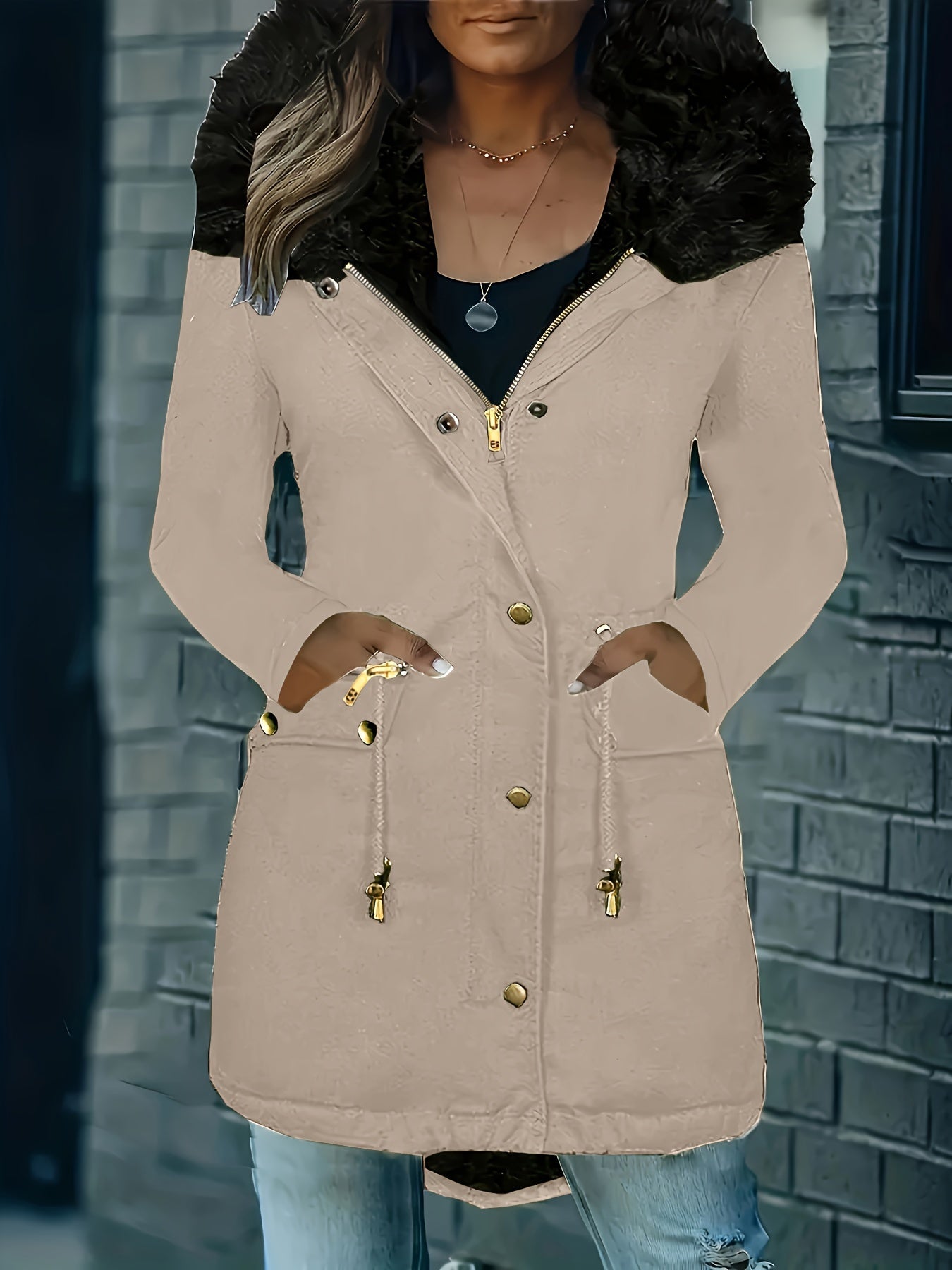 Variant image for Vinterjacka Dam Lång Parka med Huva och Knappdetaljer Hållbart Material-16