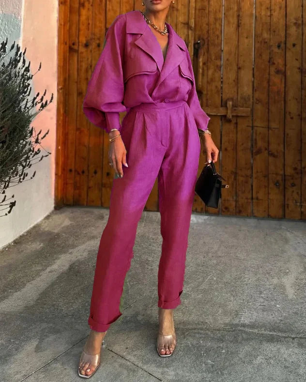 Dam Tvådelat Klädset med Puffärmar Polyester-5