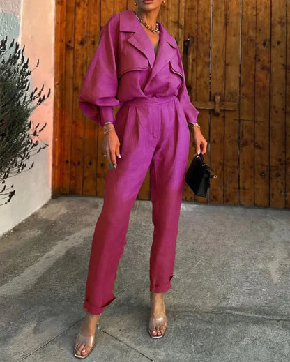 Dam Tvådelat Klädset med Puffärmar Polyester-5