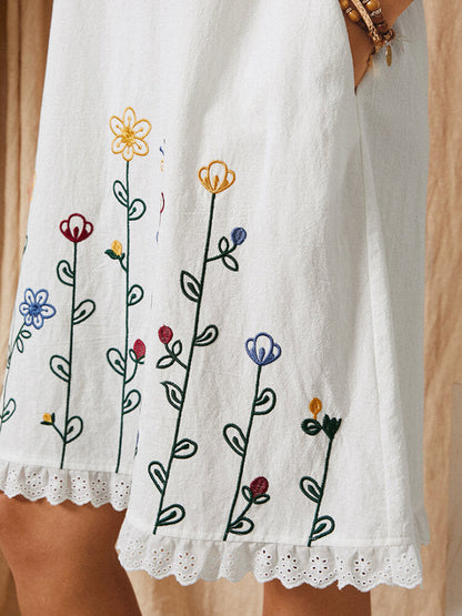 Dam Midi Klänning Broderad Blommönster Bomull för Sommar-6