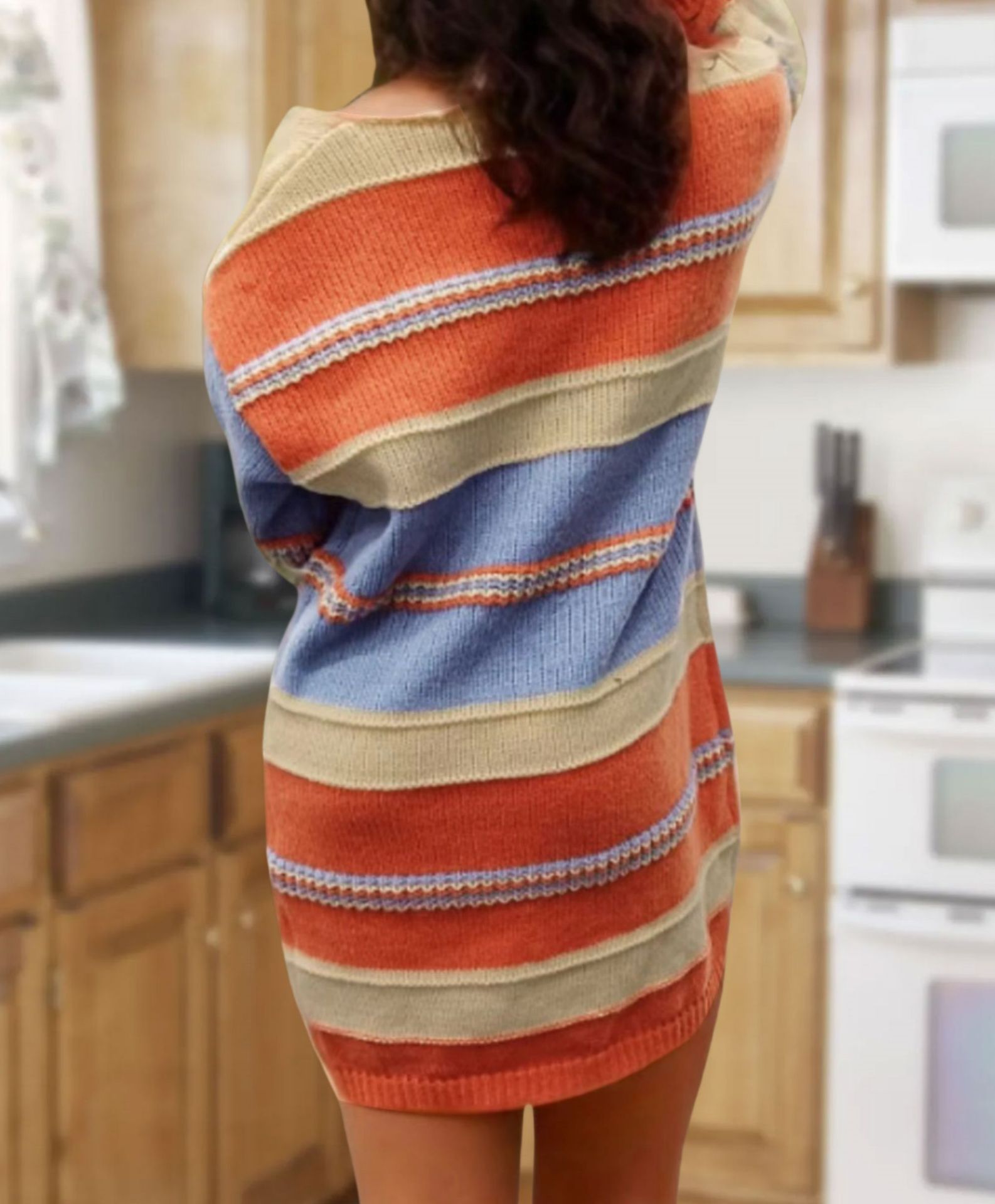 Kvinnors Höstklänning Randig Stickad med Lykta Ärmar Mjuk Material-4