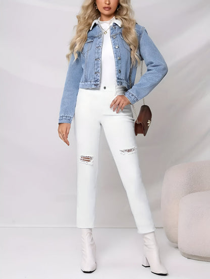 Dam Jeansjacka Fleece Denim Trendig och Mysig-4
