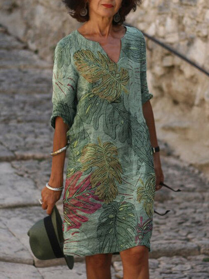 Variant image for Kvinnors Midi Klänning Rund Hals Högkvalitativt Tyg Växtbladmönster-17