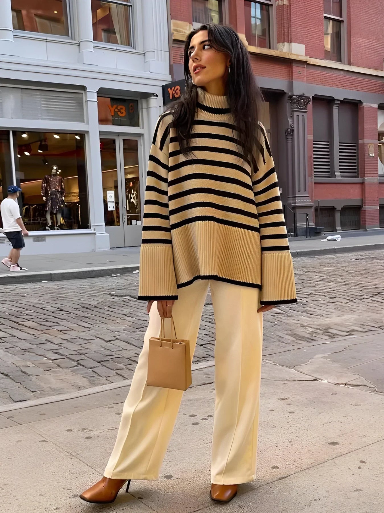 Dam Turtleneck Tröja Randig Mjuk Stickad-5