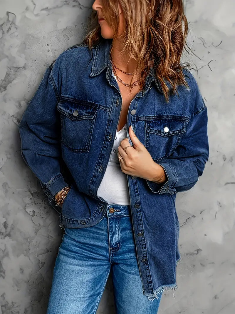 Dam Denimjacka Fransad Vändbar Krage 100% Bomull-2