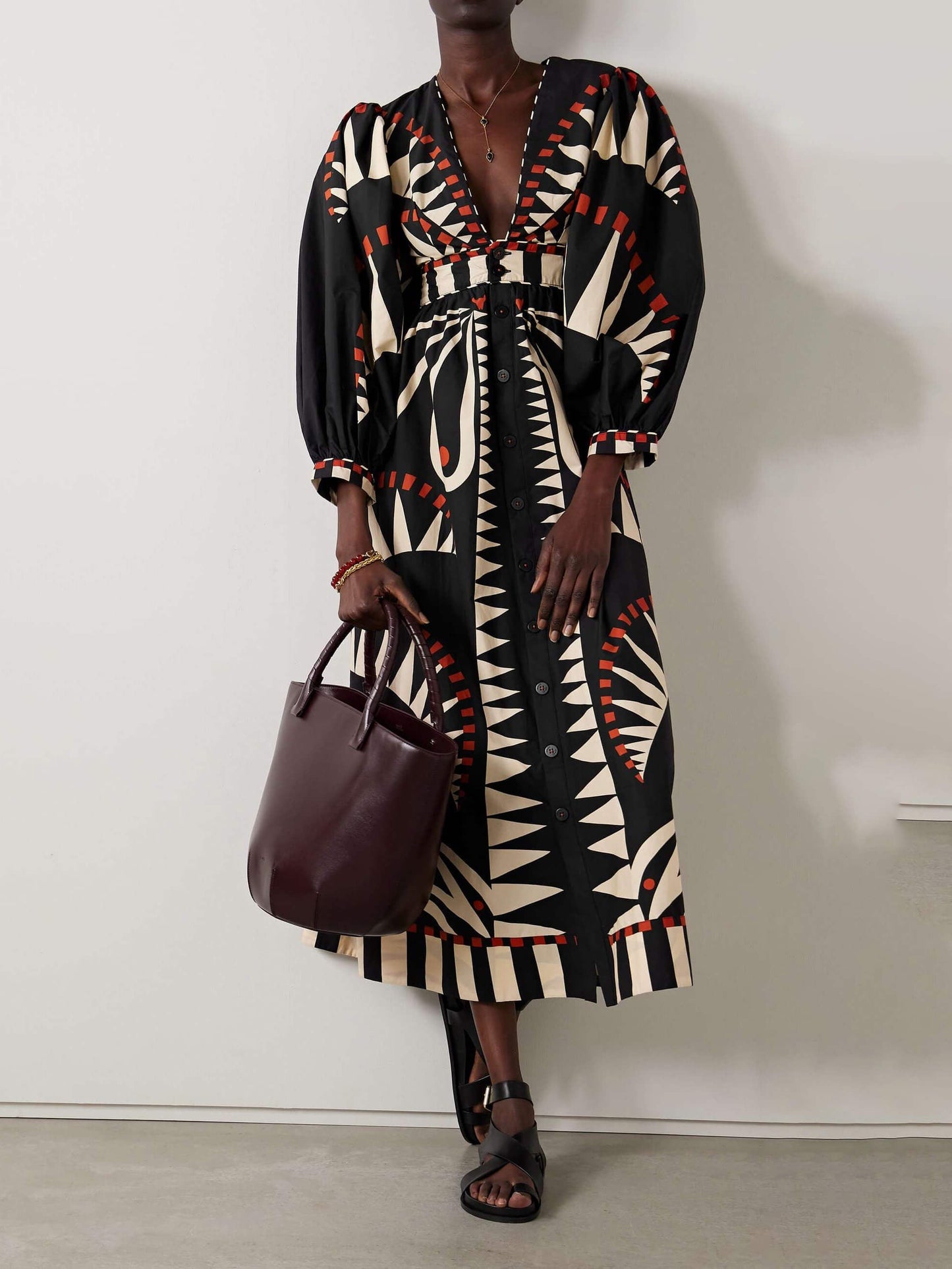 Dam Midiklänning Puffärmar Polyester Midi Klänning med Tryck 1