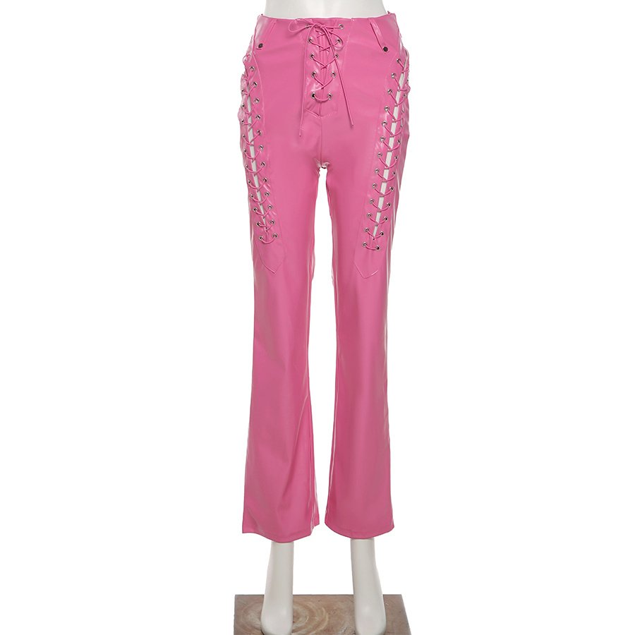 Läderbyxor Dam Hög Midja Monokrom Stil PU Spandex-1
