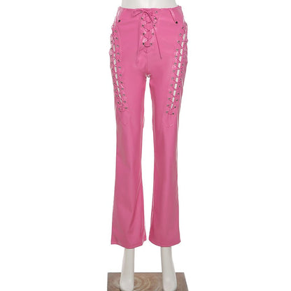 Läderbyxor Dam Hög Midja Monokrom Stil PU Spandex-1