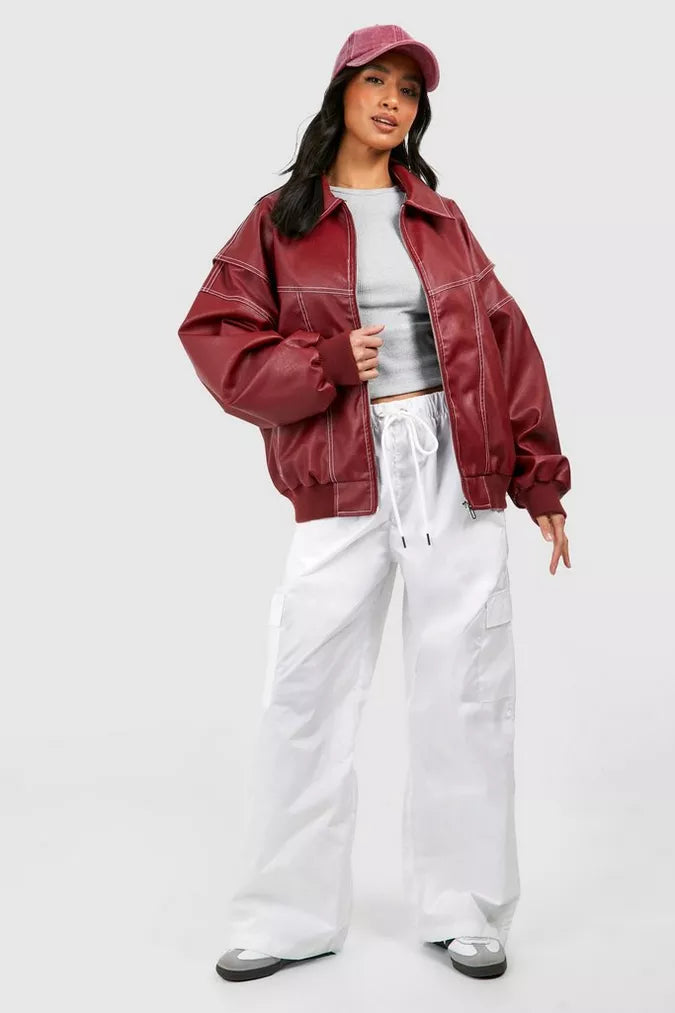 Dam Oversized Skinnjacka PU-Läder Med Stående Krage-2