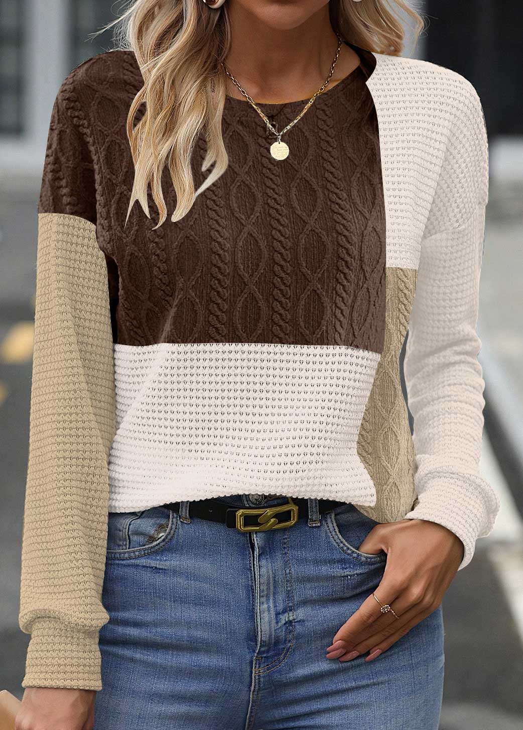 Variant image for Dam Tröja Långärmad Patchwork Mjuk Material-5