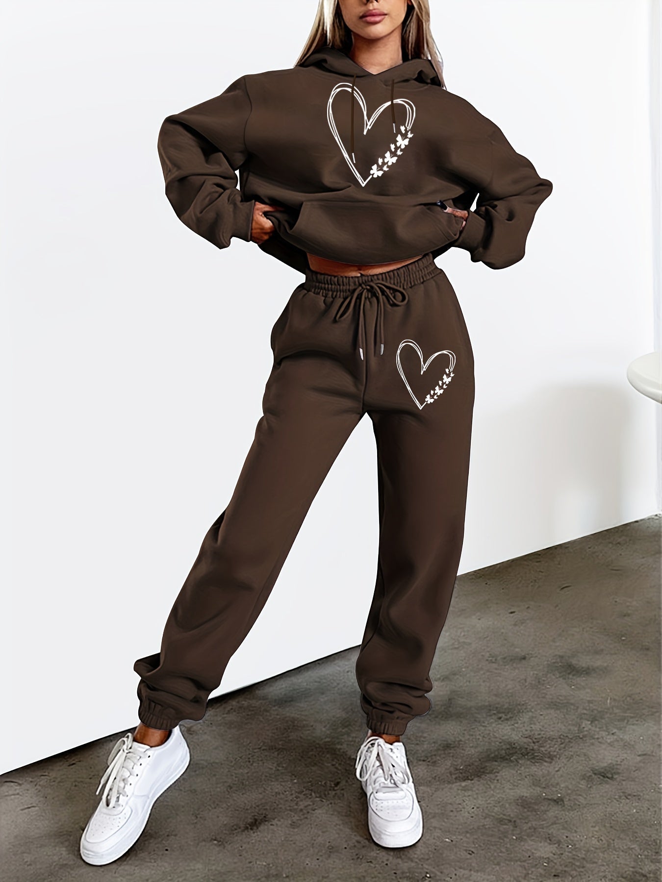 Dam Hoodie Set Avslappnad Mjuk Blandningsväv-3