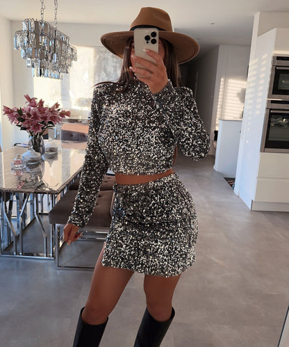 Kvinnors Långärmad Paljetttopp Elegant Mjuk Tyg 5