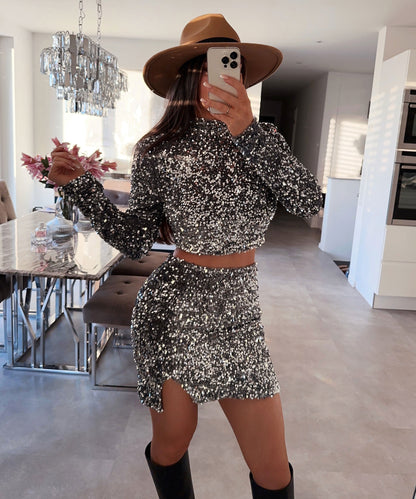 Kvinnors Långärmad Paljetttopp Elegant Mjuk Tyg 2