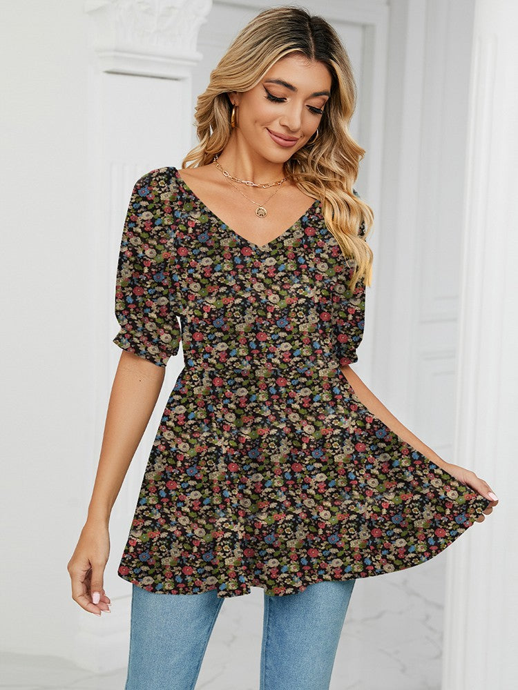 Dam T-shirt V-ringning Prickig Bomull-5