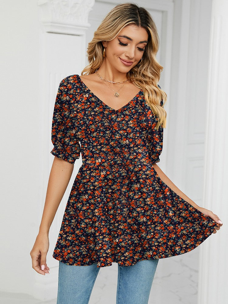 Dam T-shirt V-ringning Prickig Bomull-6