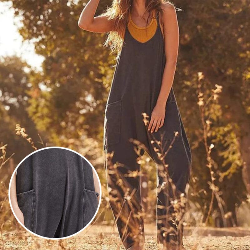 Dam Jumpsuit V-hals Minimalistisk med Fickor i Andningsbart Tyg-2
