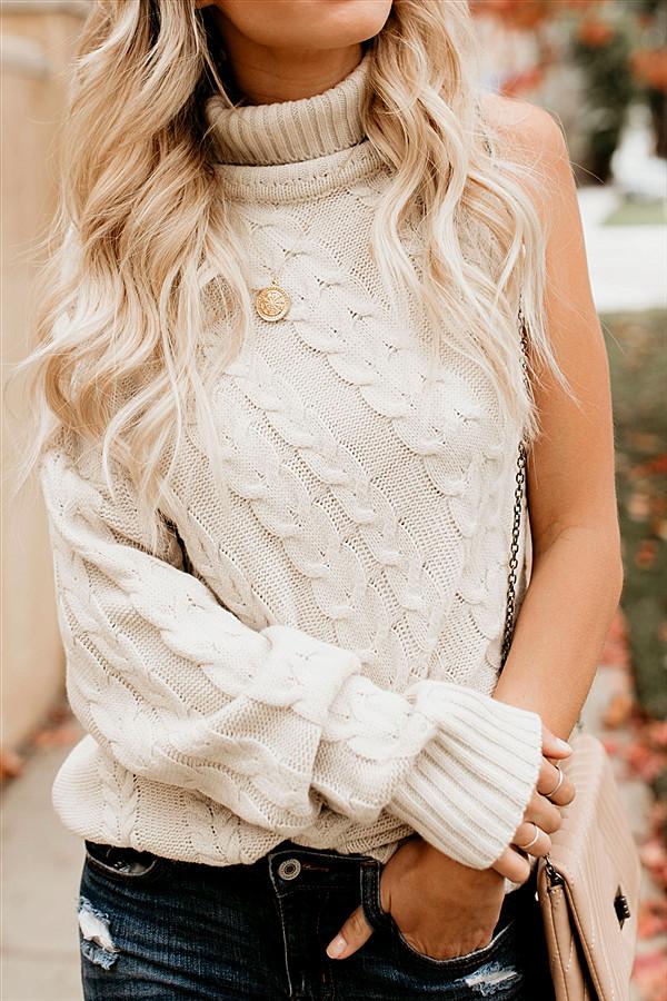 Stickad Dam Tröja Asymmetrisk Rullkrage i Akryl-2