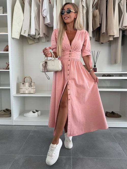 Dam Denimklänning med Träknappar och Slipstänger i Högkvalitativ Denim-1