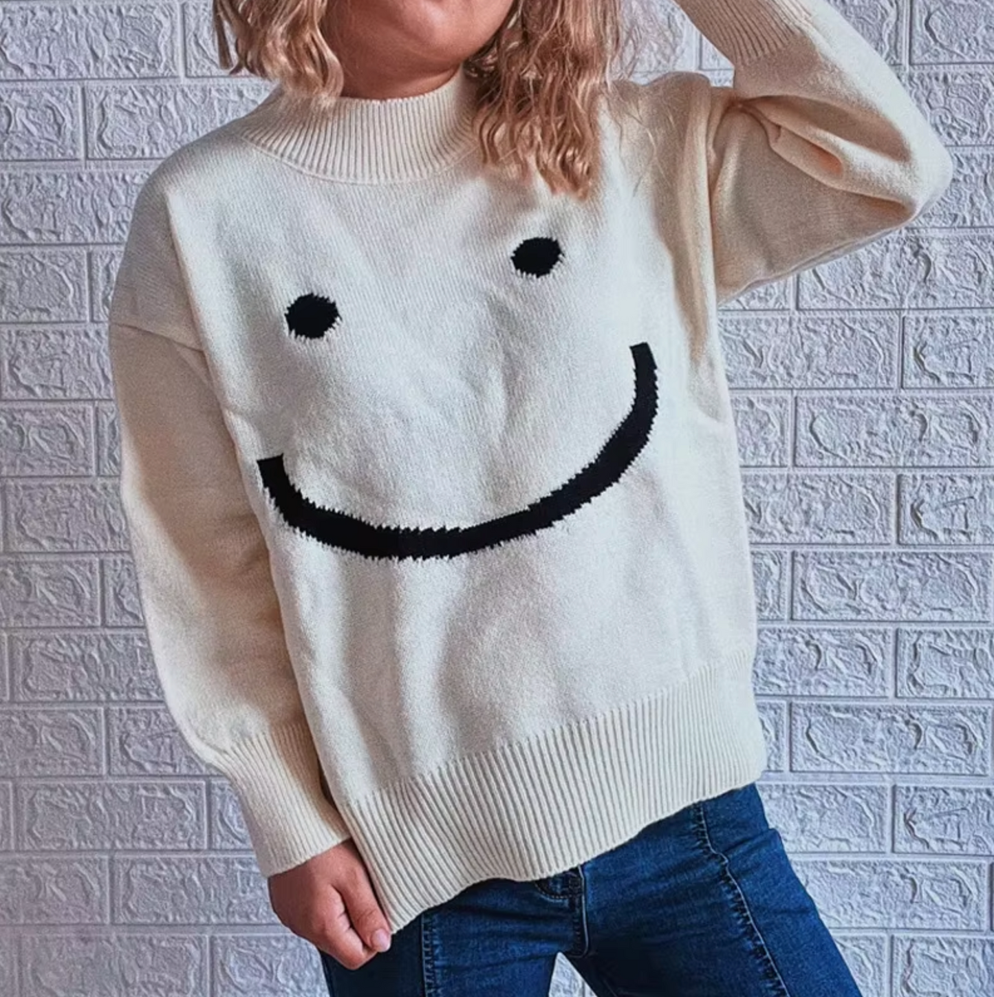 Stickad Dam Tröja med Smiley Ansikte Mjuk Blandning av Material-3